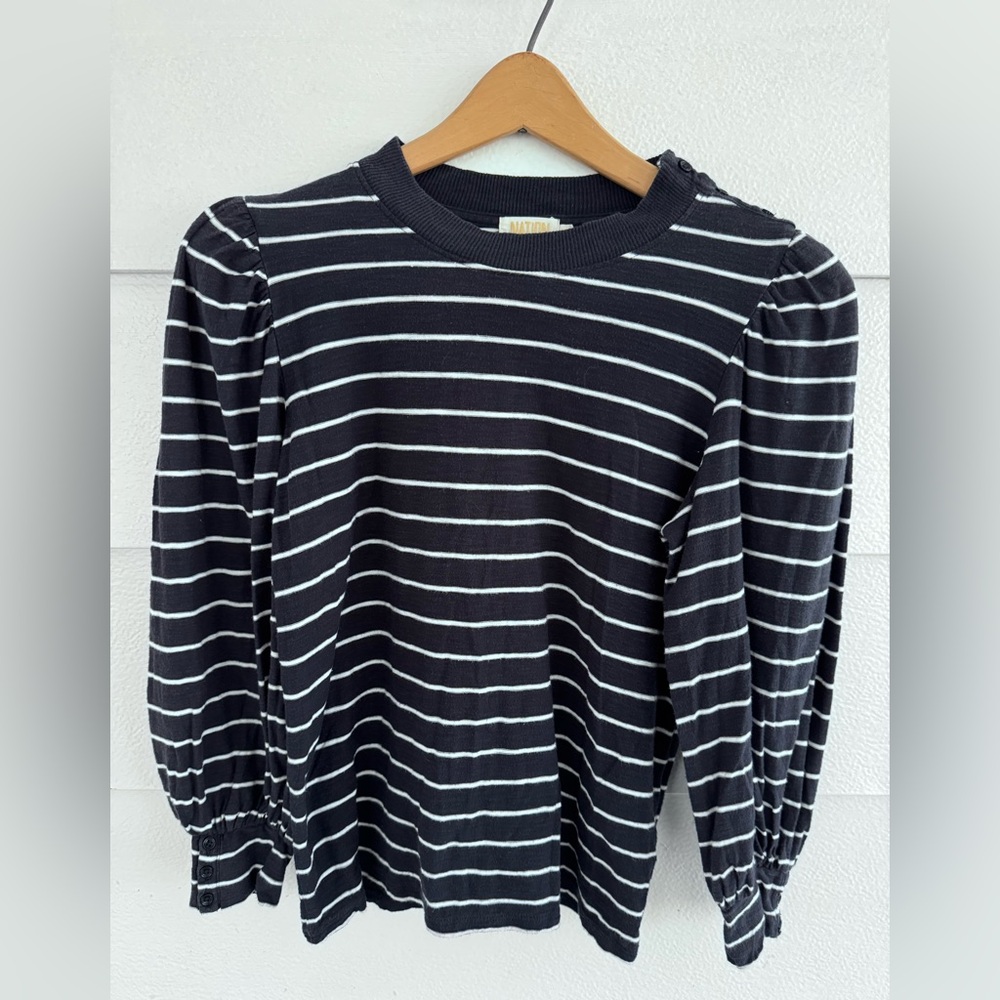 Nation LTD sz S knit top navy stripe button neck